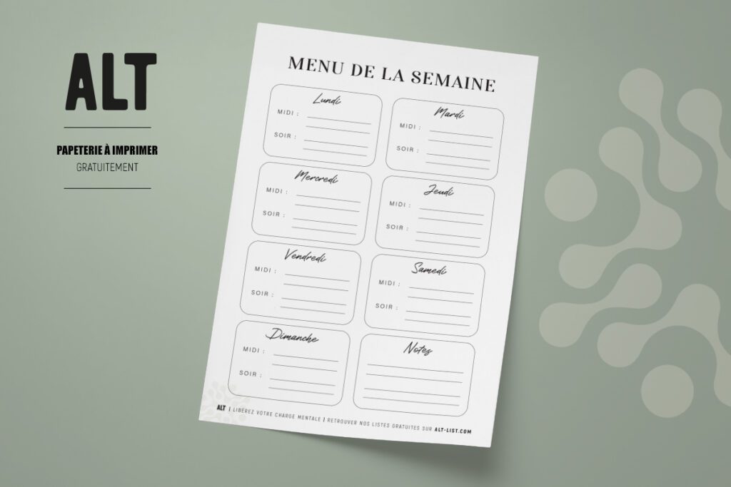 Aperçu planning repas semaine noir et blanc PDF gratuit à imprimer